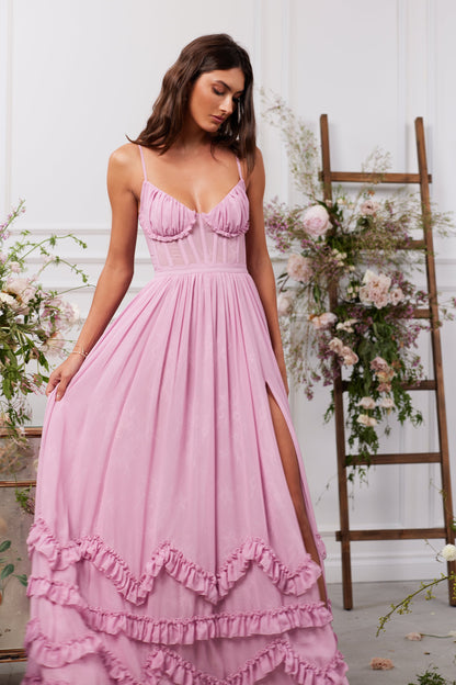 Mauve Mist Carmen Silk Midi Dress in Carmel Valley Rose