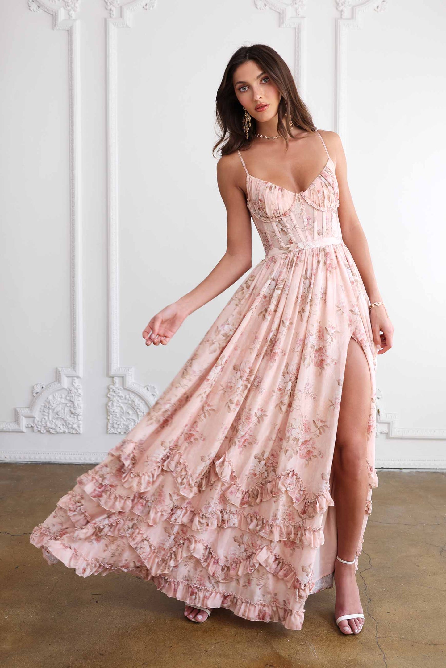 Peach Tapestry Carmen Floral Midi Dress