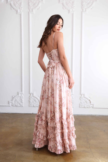 Peach Tapestry Carmen Silk Midi Dress in Carmel Valley Rose