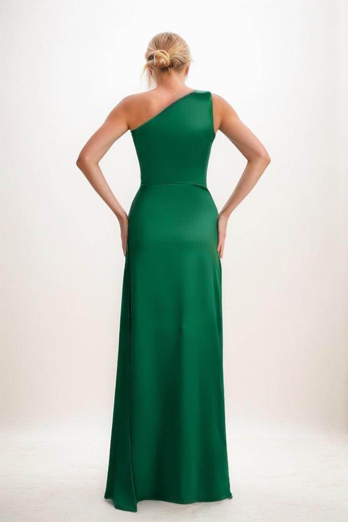 Hunter Green Arabella One-Shoulder Satin Sheath Dress