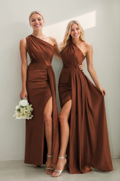 Baked Clay Arabella One-Shoulder Satin Sheath Dress