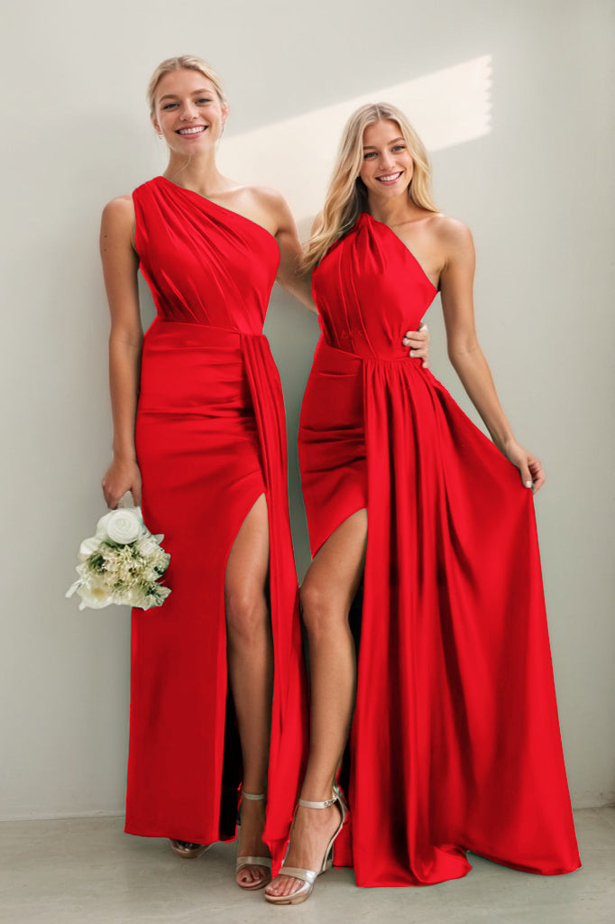 Fiery Red Arabella One-Shoulder Satin Sheath Dress