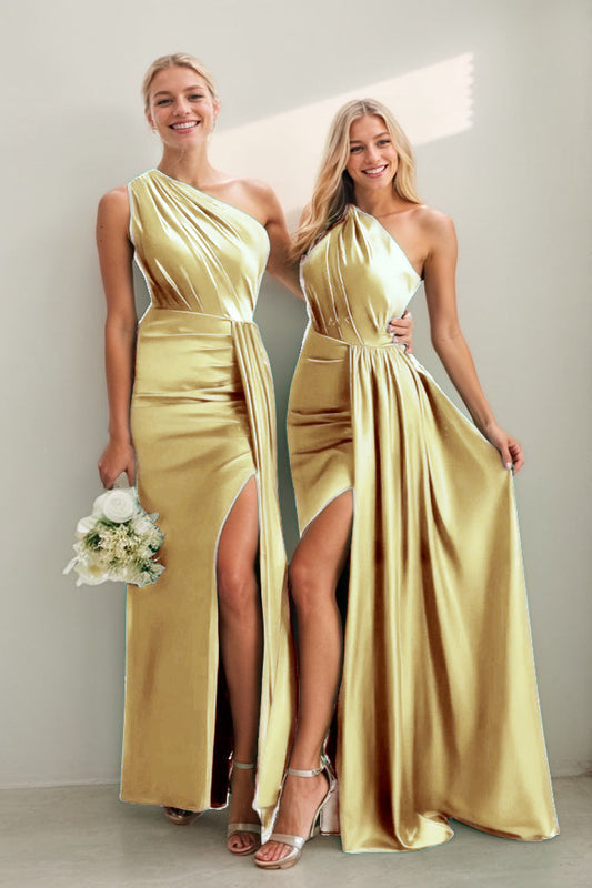 Gold Arabella One-Shoulder Satin Sheath Dress