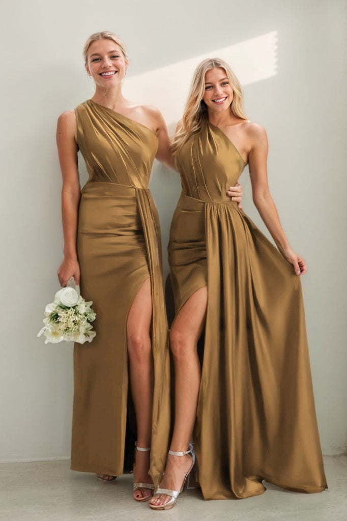 Steel Grey Arabella One-Shoulder Satin Sheath Dress