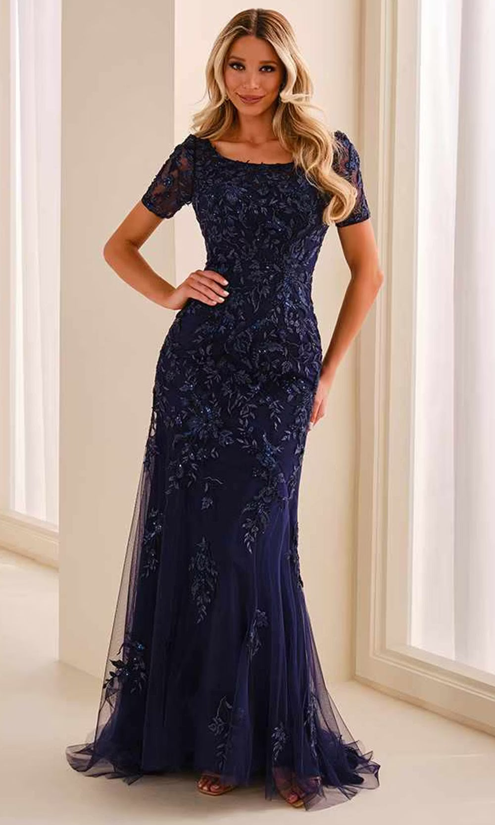 Blue Willow Cameron Blake CB450 - Embroidered Illusion Short Sleeve Formal Dress - 22W / Jade