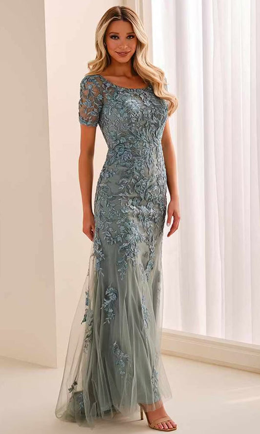 Jade Cameron Blake CB450 - Embroidered Illusion Short Sleeve Formal Dress - 22W / Jade