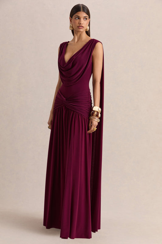 Detailing Amelisse Burgundy Plunge Maxi Dress