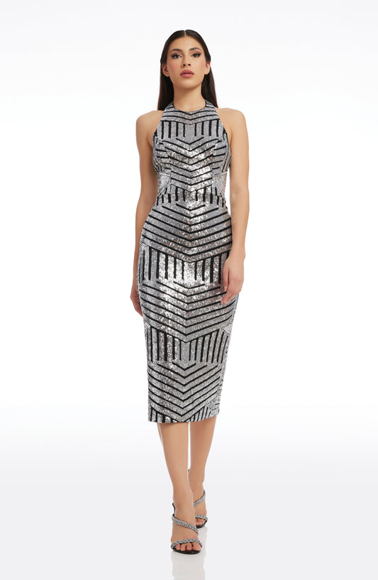 SILVER-BLACK Cleo Colorblock Midi Dress