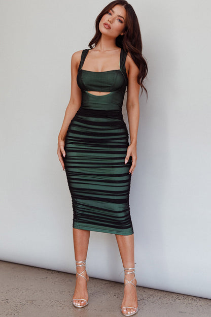 Out Ruched Midi Dress Green/Black Vivienne Cut-Out Ruched Midi Dress