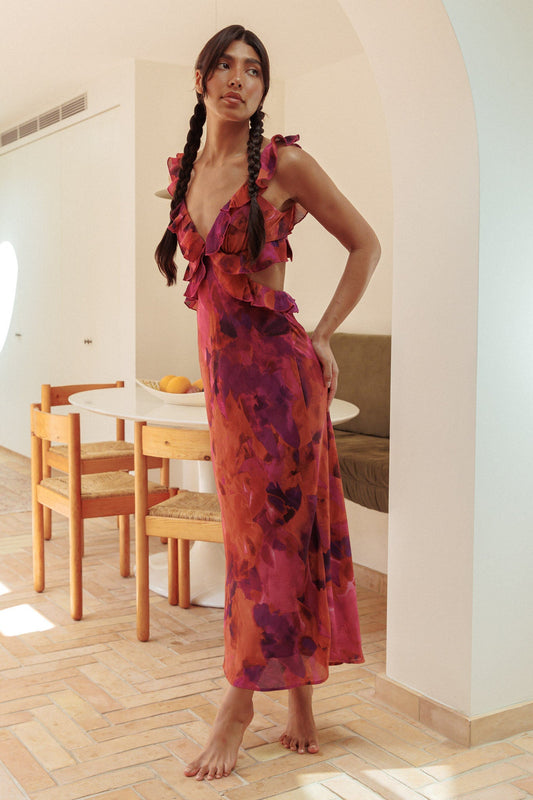 Margot Ruffle Trim Maxi Dress in Dark Rose Floral