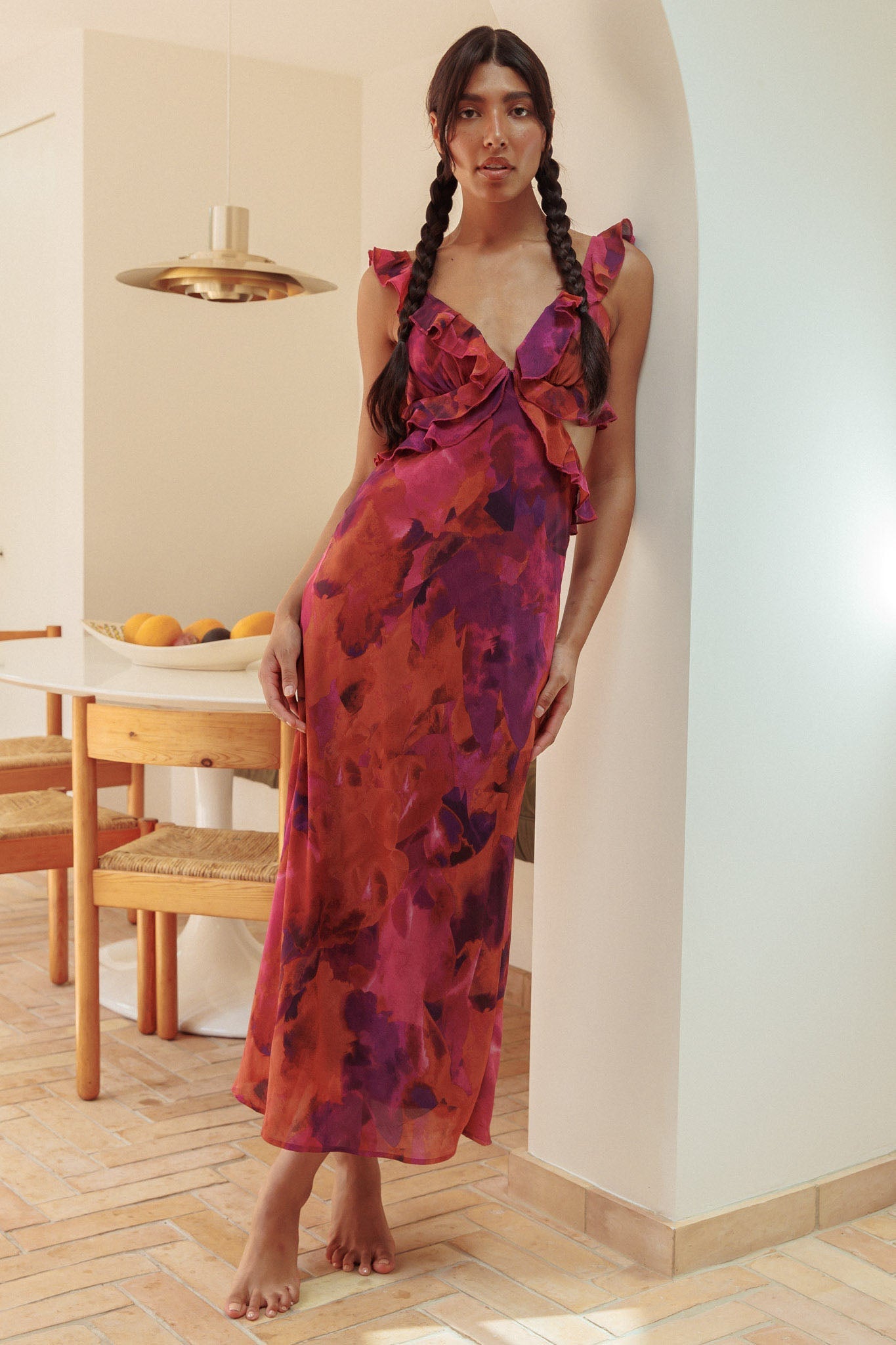 Margot Ruffle Trim Maxi Dress in Dark Rose Floral