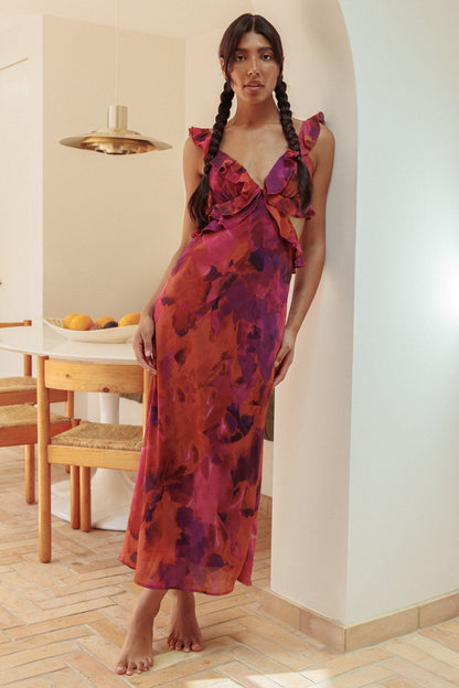 Margot Ruffle Trim Maxi Dress in Dark Rose Floral