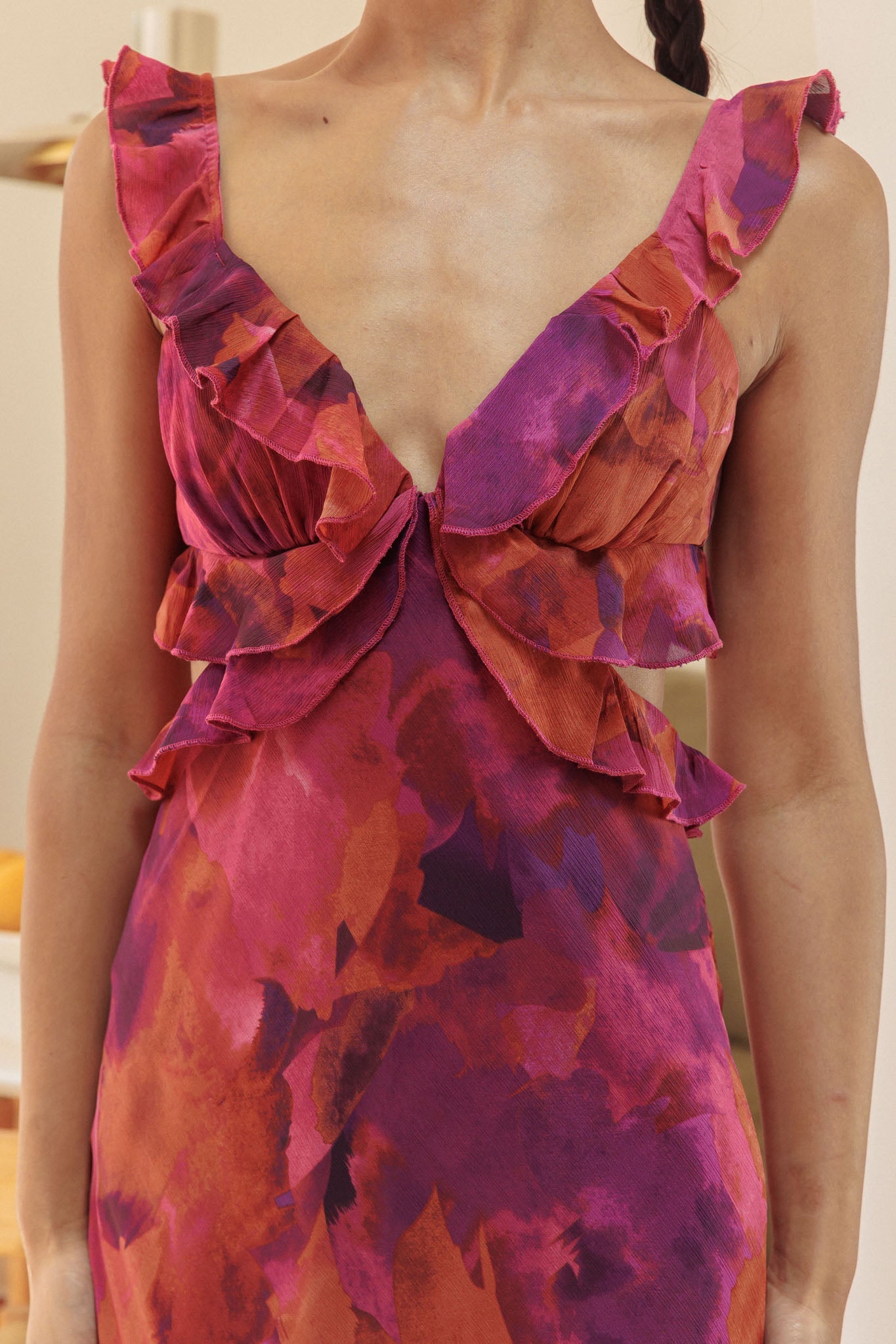 Margot Ruffle Trim Maxi Dress in Dark Rose Floral