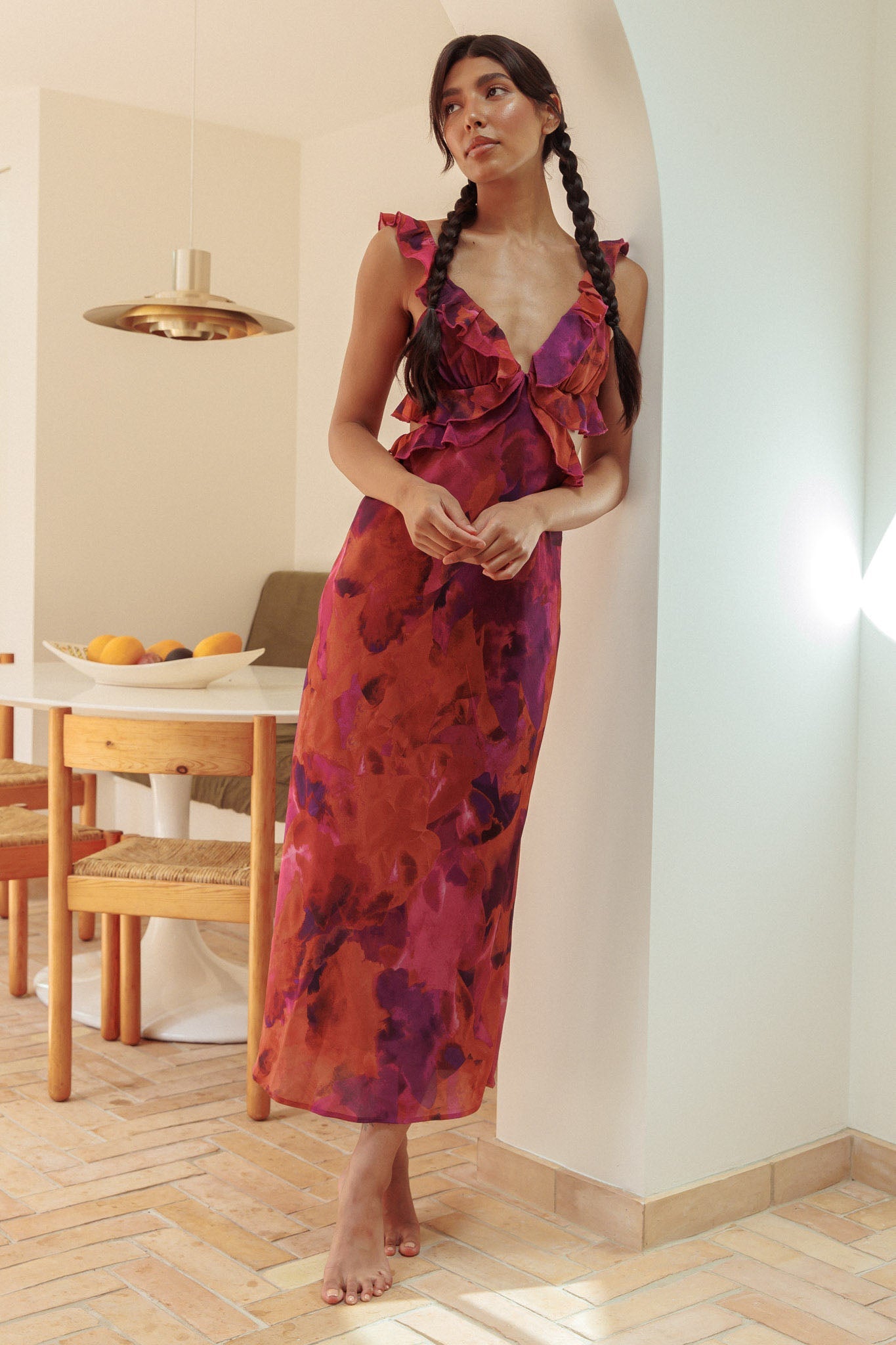 Margot Ruffle Trim Maxi Dress in Dark Rose Floral
