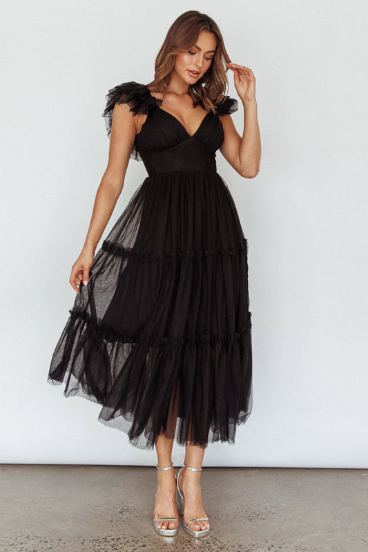 Amal Ruffle Shoulder Tulle Midi Dress