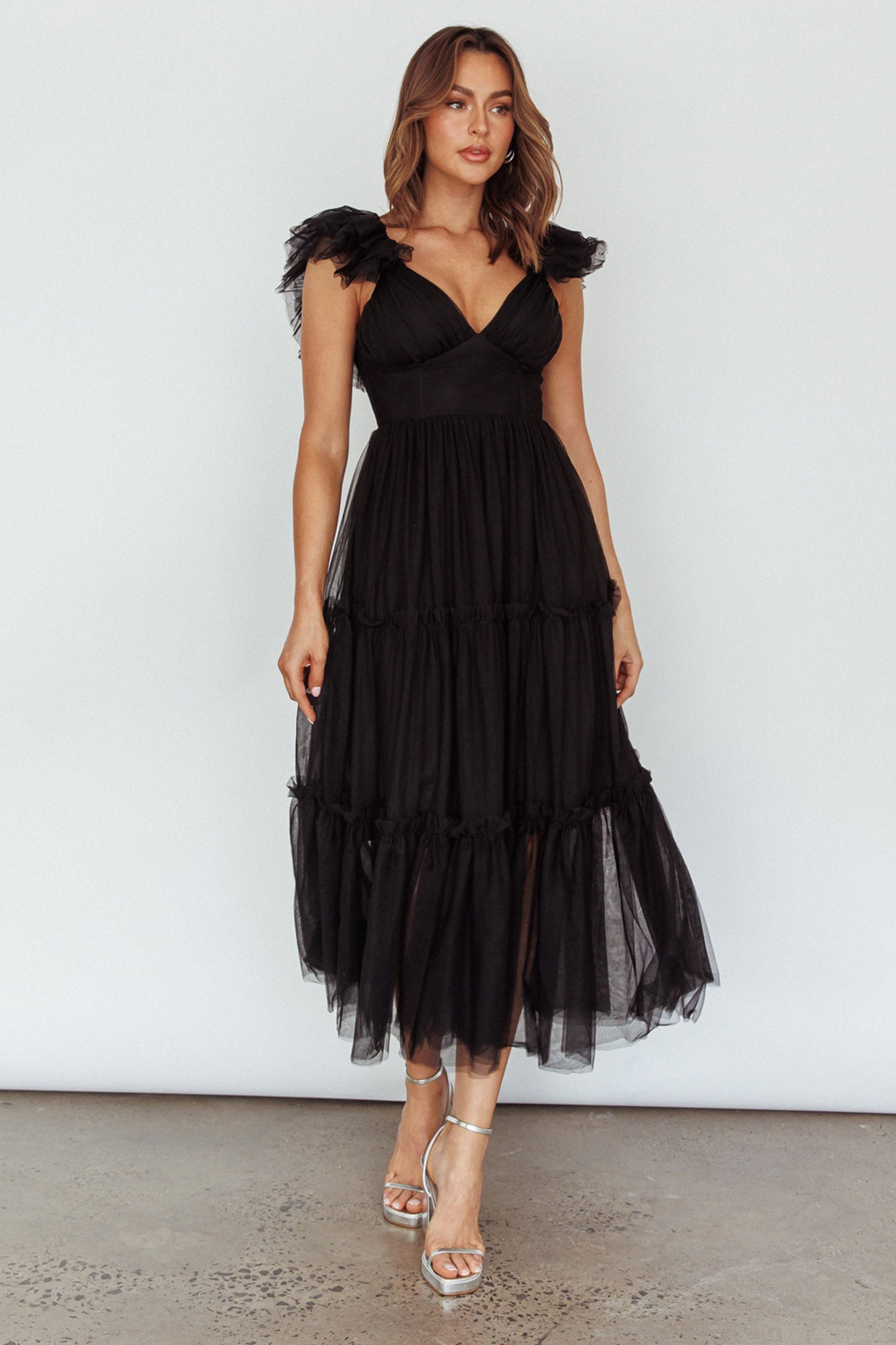 Amal Ruffle Shoulder Tulle Midi Dress