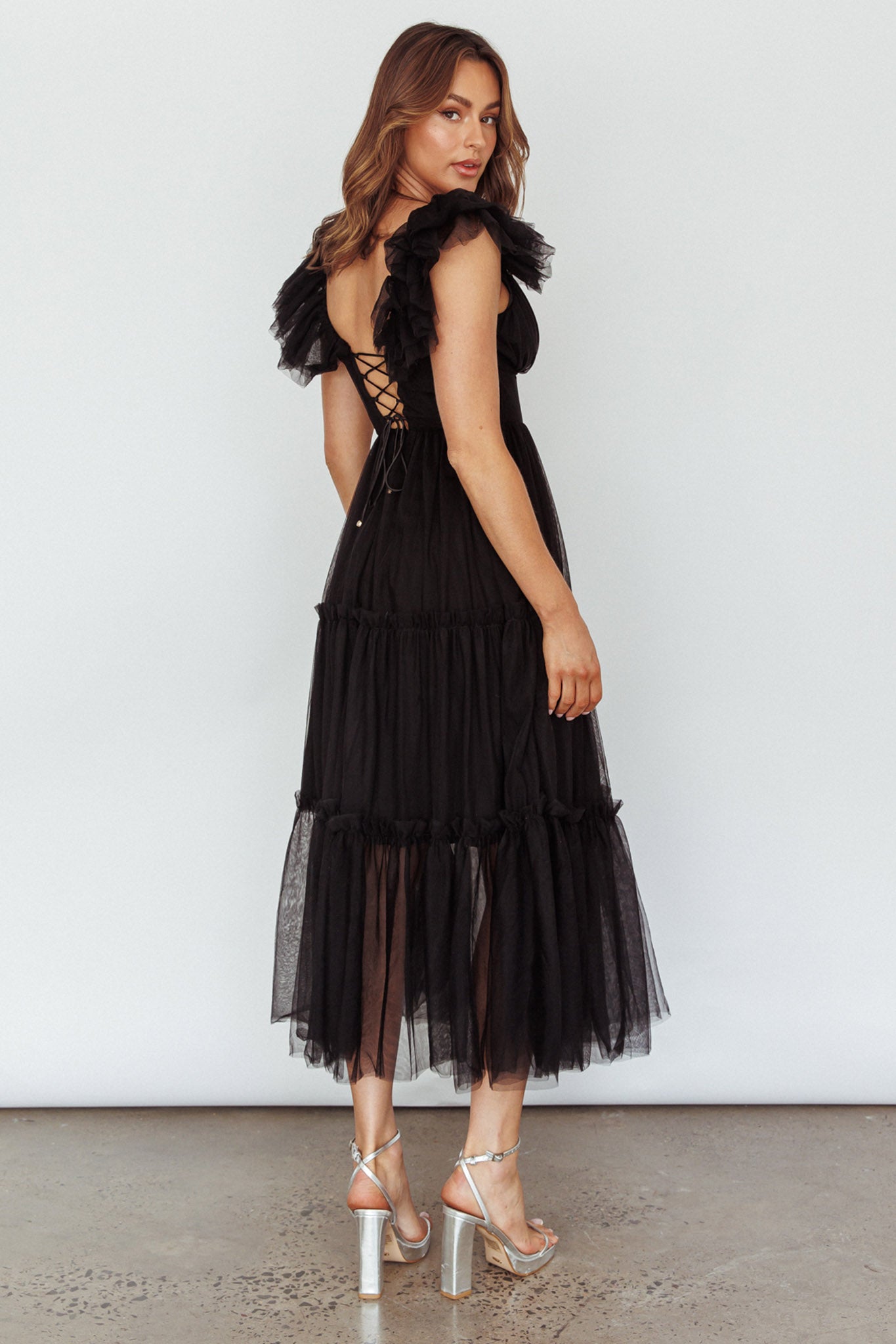 Amal Ruffle Shoulder Tulle Midi Dress
