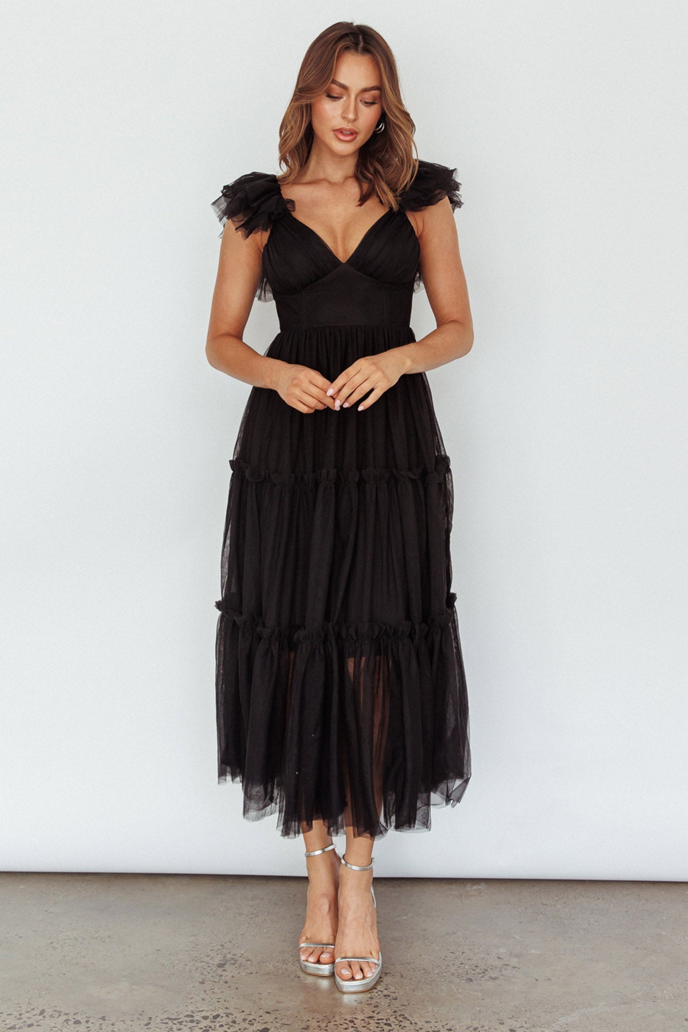 Amal Ruffle Shoulder Tulle Midi Dress