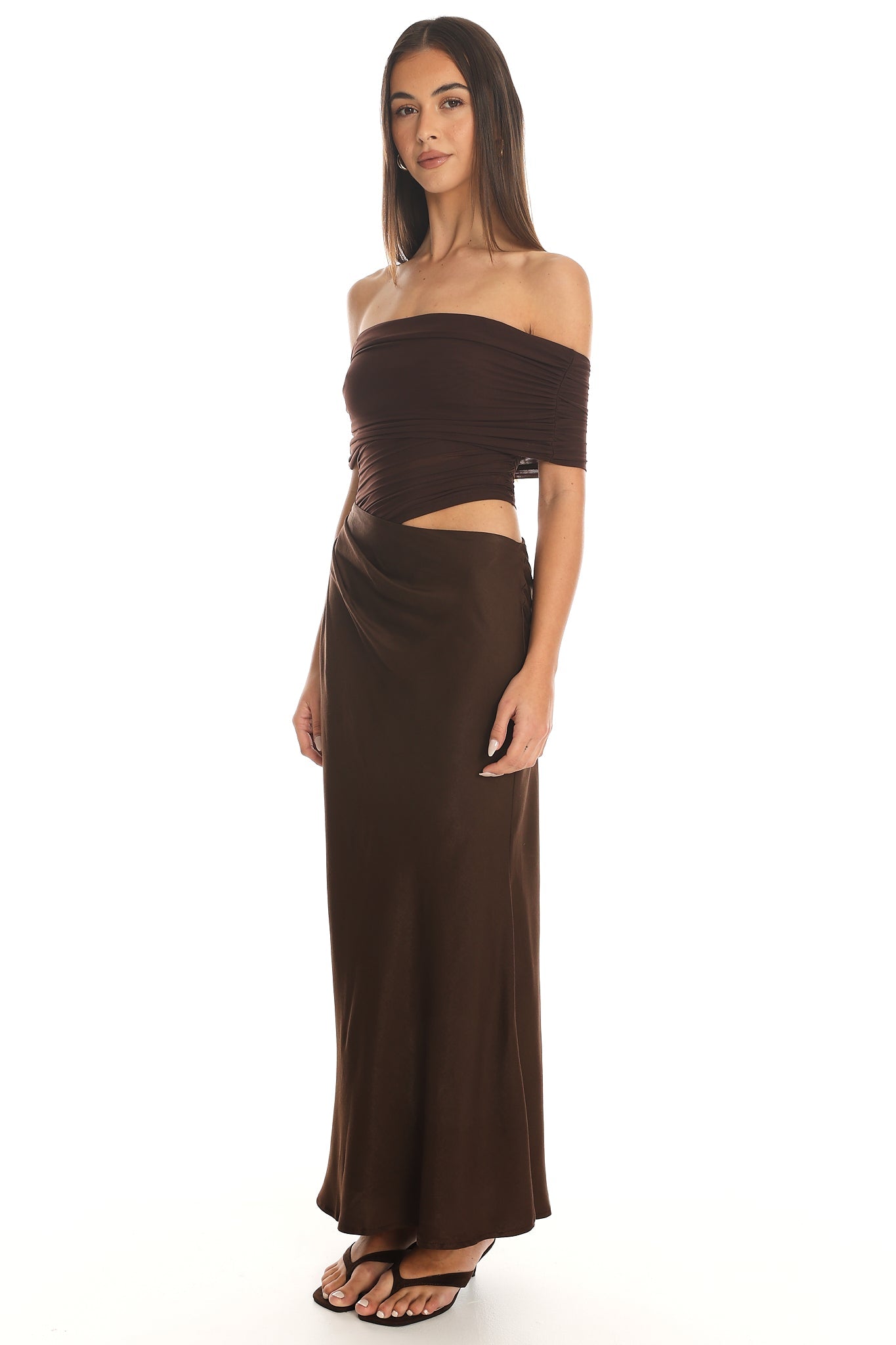 Shoulder Midi Dress Chocolate Lorely Off-Shoulder Midi Dress