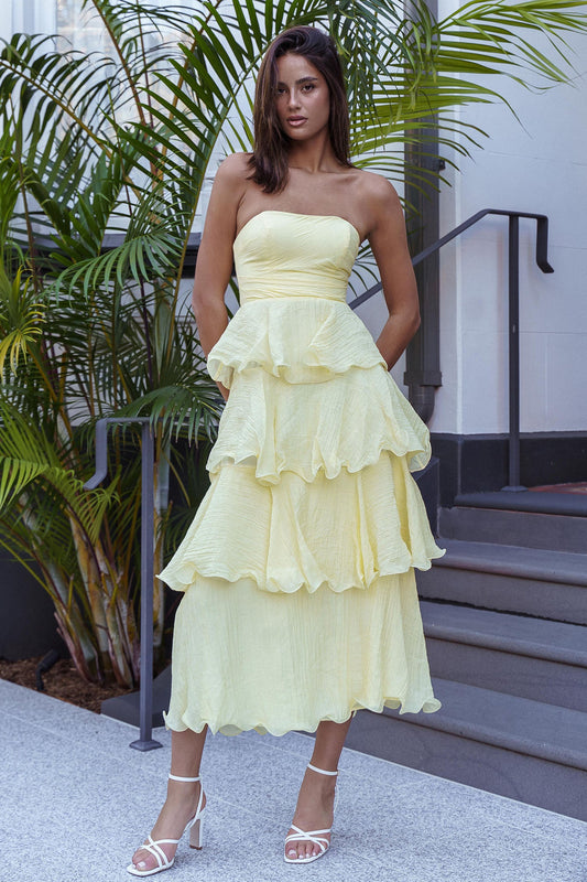 Giavana Strapless Ruffle Midi Dress