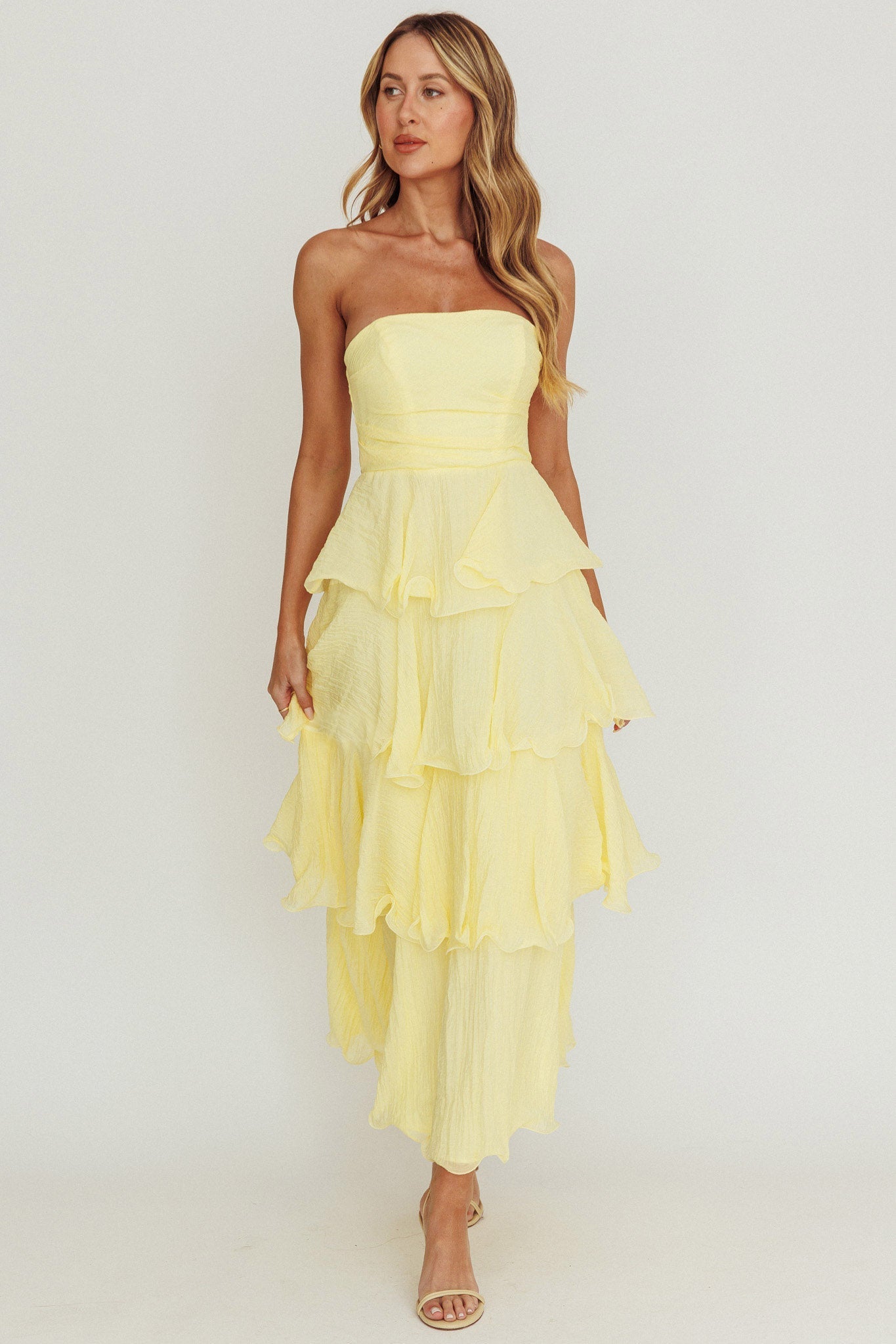 Giavana Strapless Ruffle Midi Dress