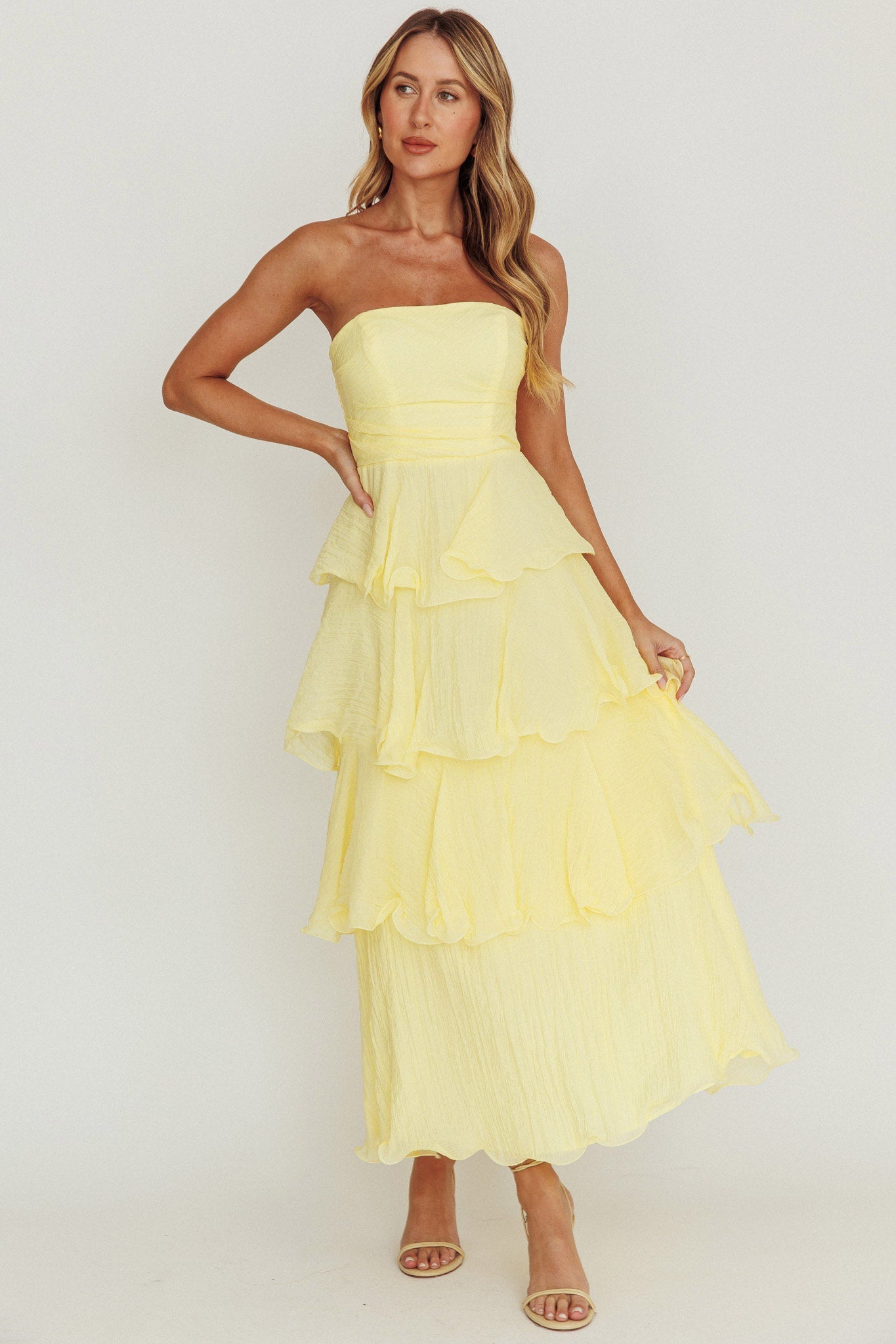 Giavana Strapless Ruffle Midi Dress