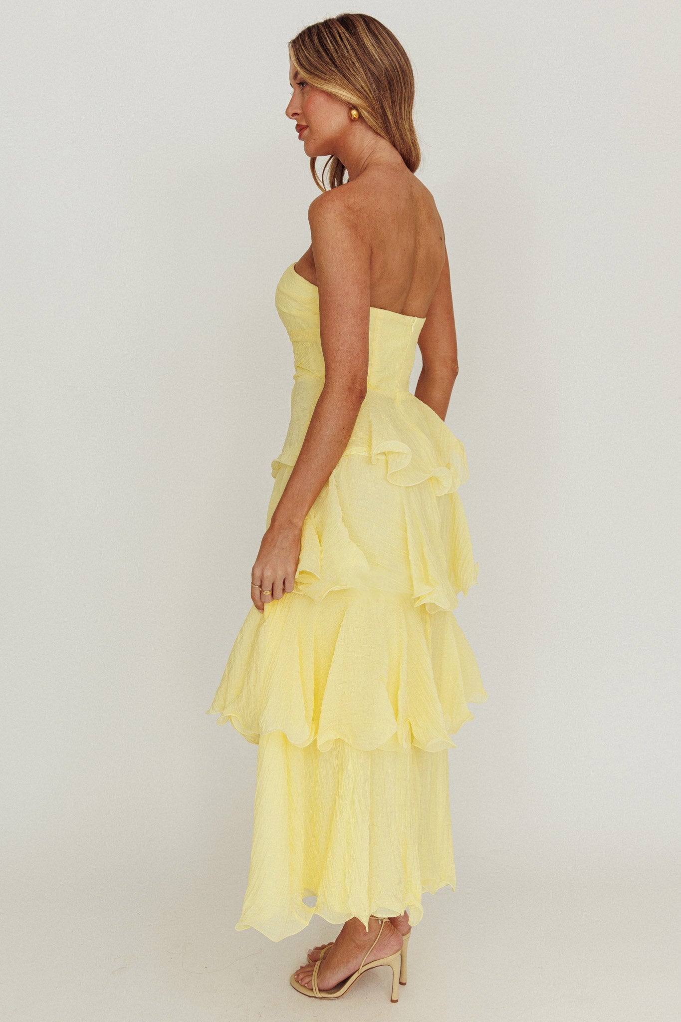 Giavana Strapless Ruffle Midi Dress