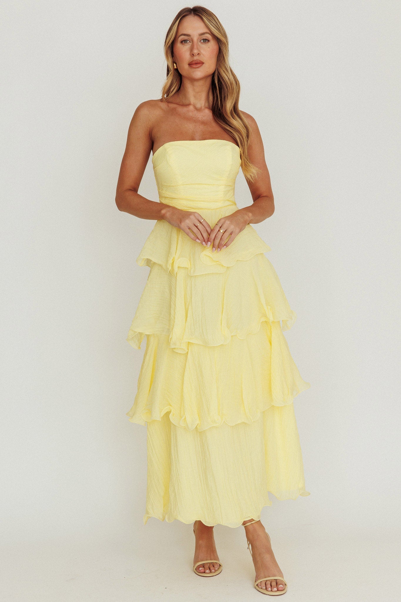 Giavana Strapless Ruffle Midi Dress
