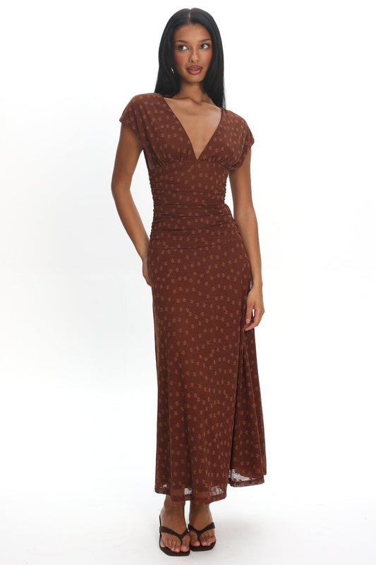 Novia Ruched Bodice Maxi Dress in Chocolate