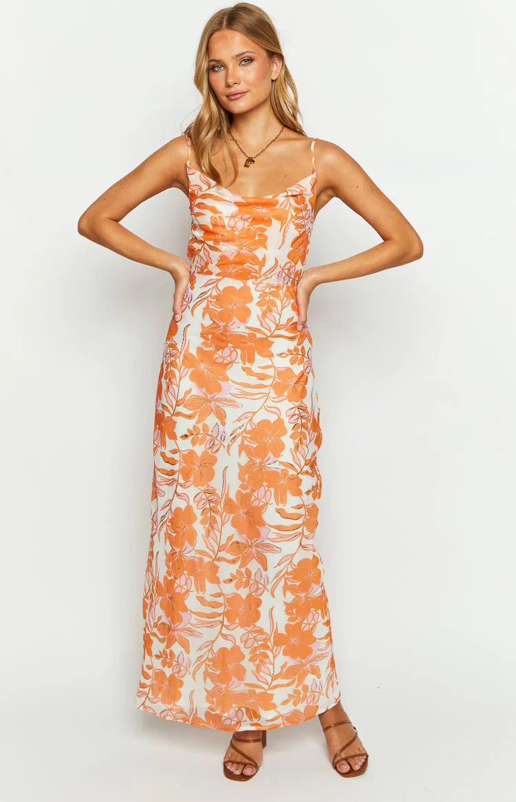 Cambria Orange Floral Chiffon Maxi Dress
