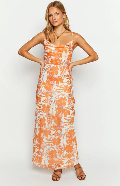 Cambria Orange Floral Chiffon Maxi Dress