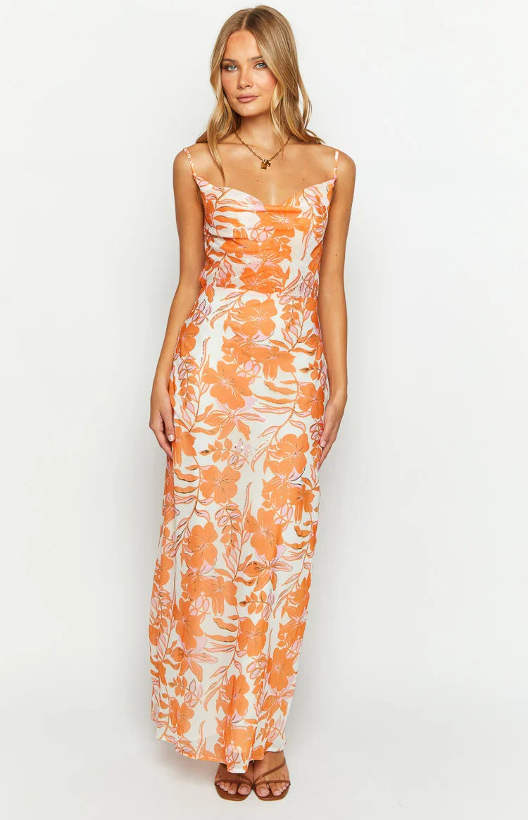 Cambria Orange Floral Chiffon Maxi Dress