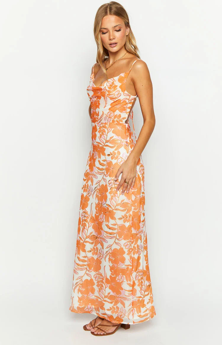 Cambria Orange Floral Chiffon Maxi Dress