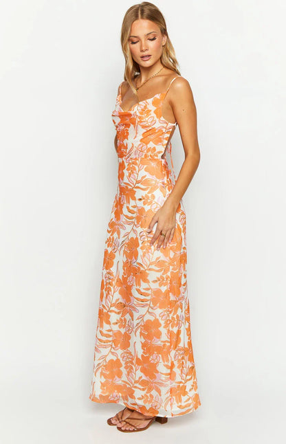 Cambria Orange Floral Chiffon Maxi Dress