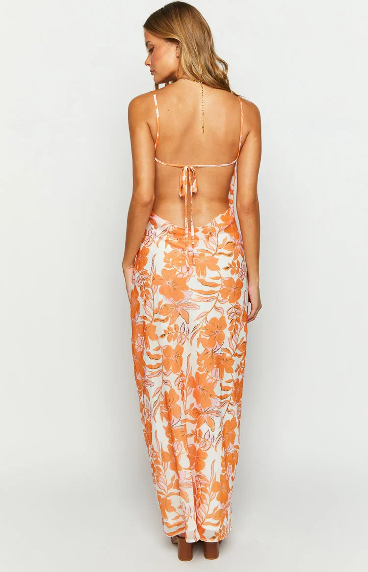 Cambria Orange Floral Chiffon Maxi Dress