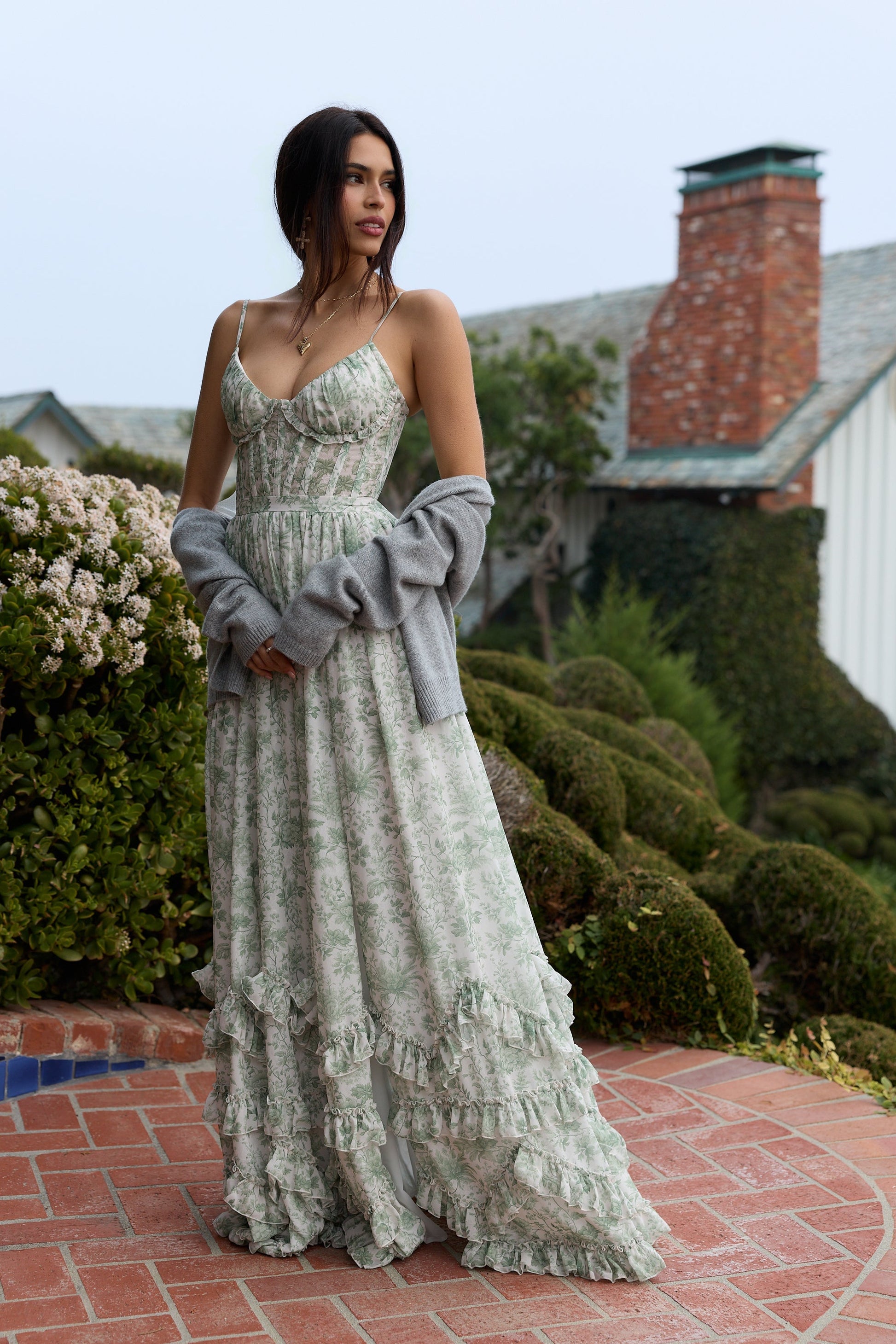 Sage Toile Carmen Floral Midi Dress