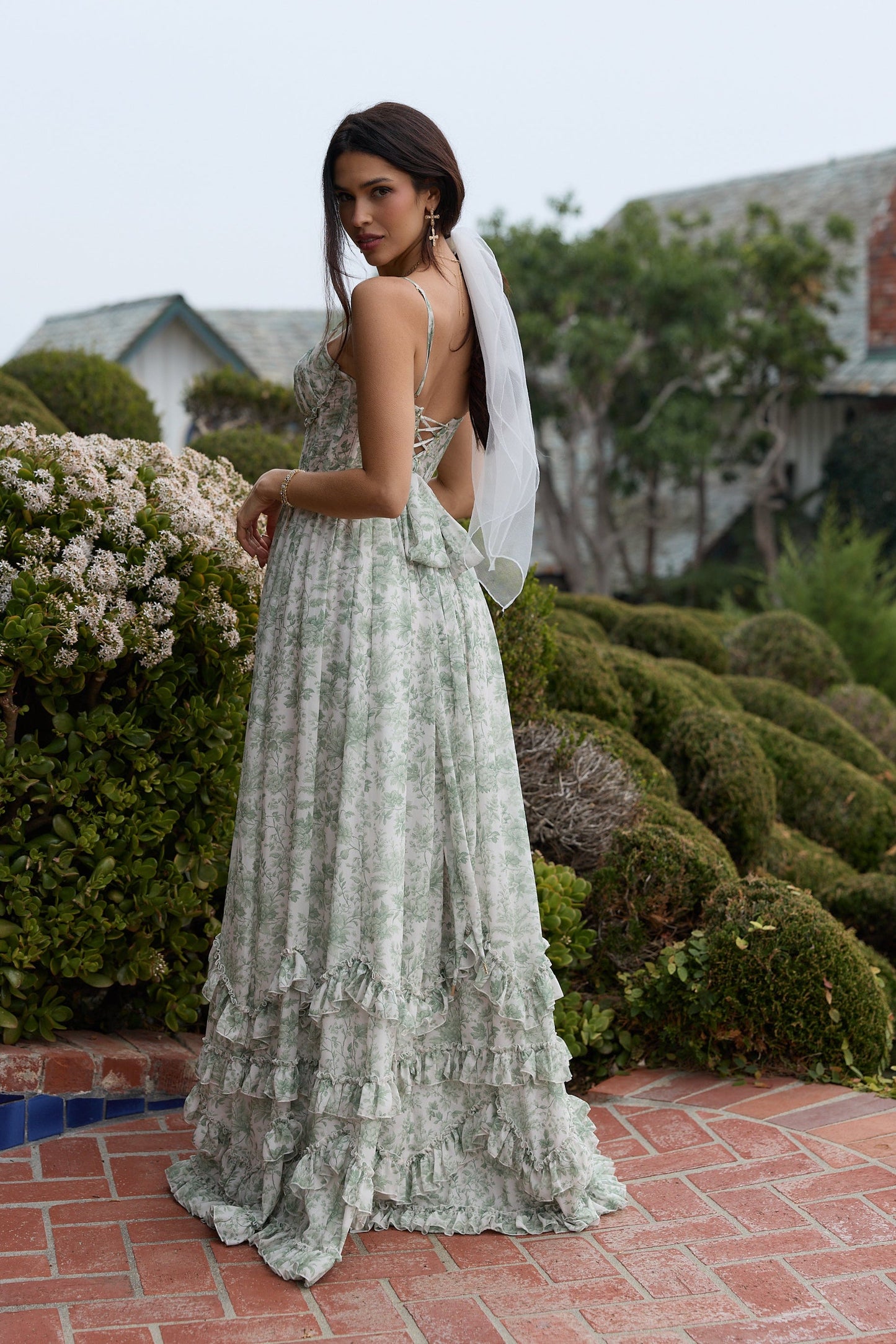Sage Toile Carmen Floral Midi Dress