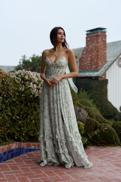 Sage Toile Carmen Floral Midi Dress
