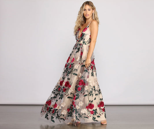 NATURAL Charena Embroidered Floral Tulle Dress