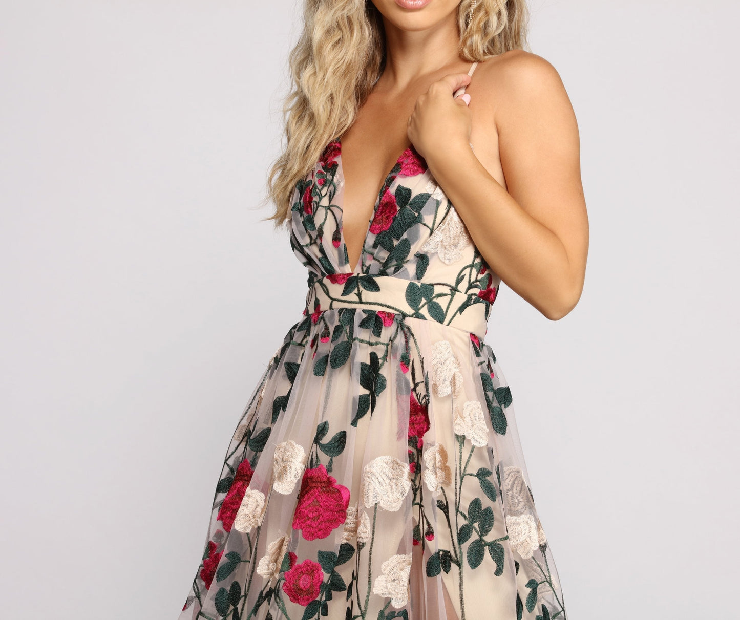 NATURAL Charena Embroidered Floral Tulle Dress