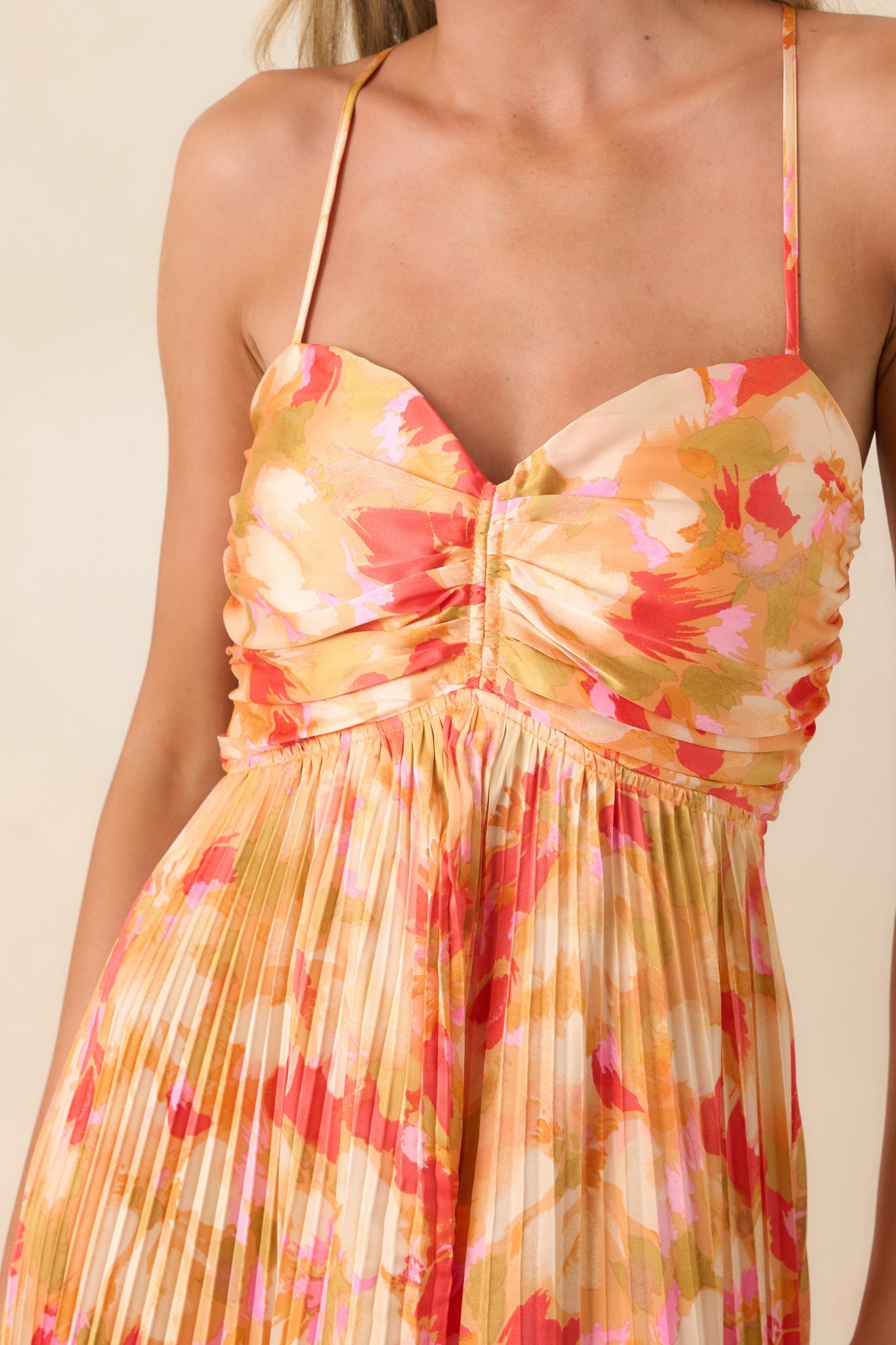 Sunshine Peach & Red Multi Satin Finish Pleated Maxi Dress Aurelia Painted Satin Pleated Maxi Dress