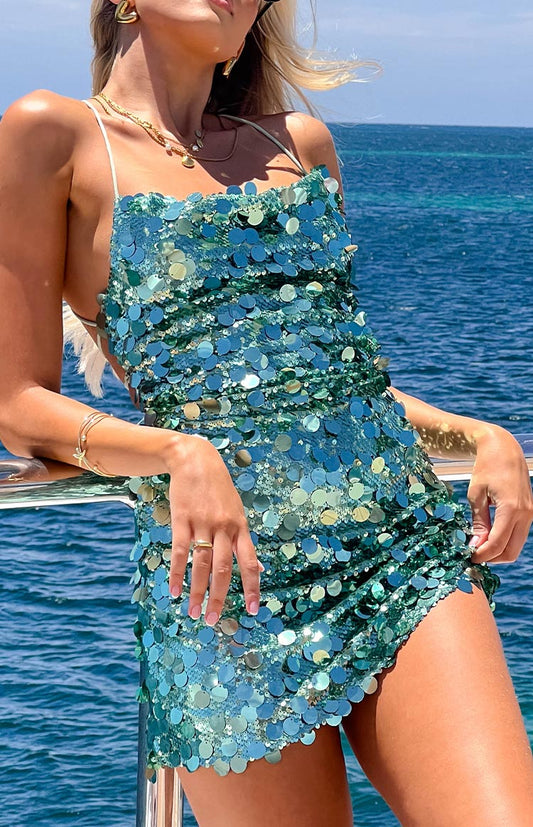 Margot Sequin Mini Dress in Aqua