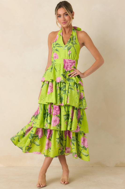 Chartreuse Adelaide Floral Cotton Halter Midi Dress