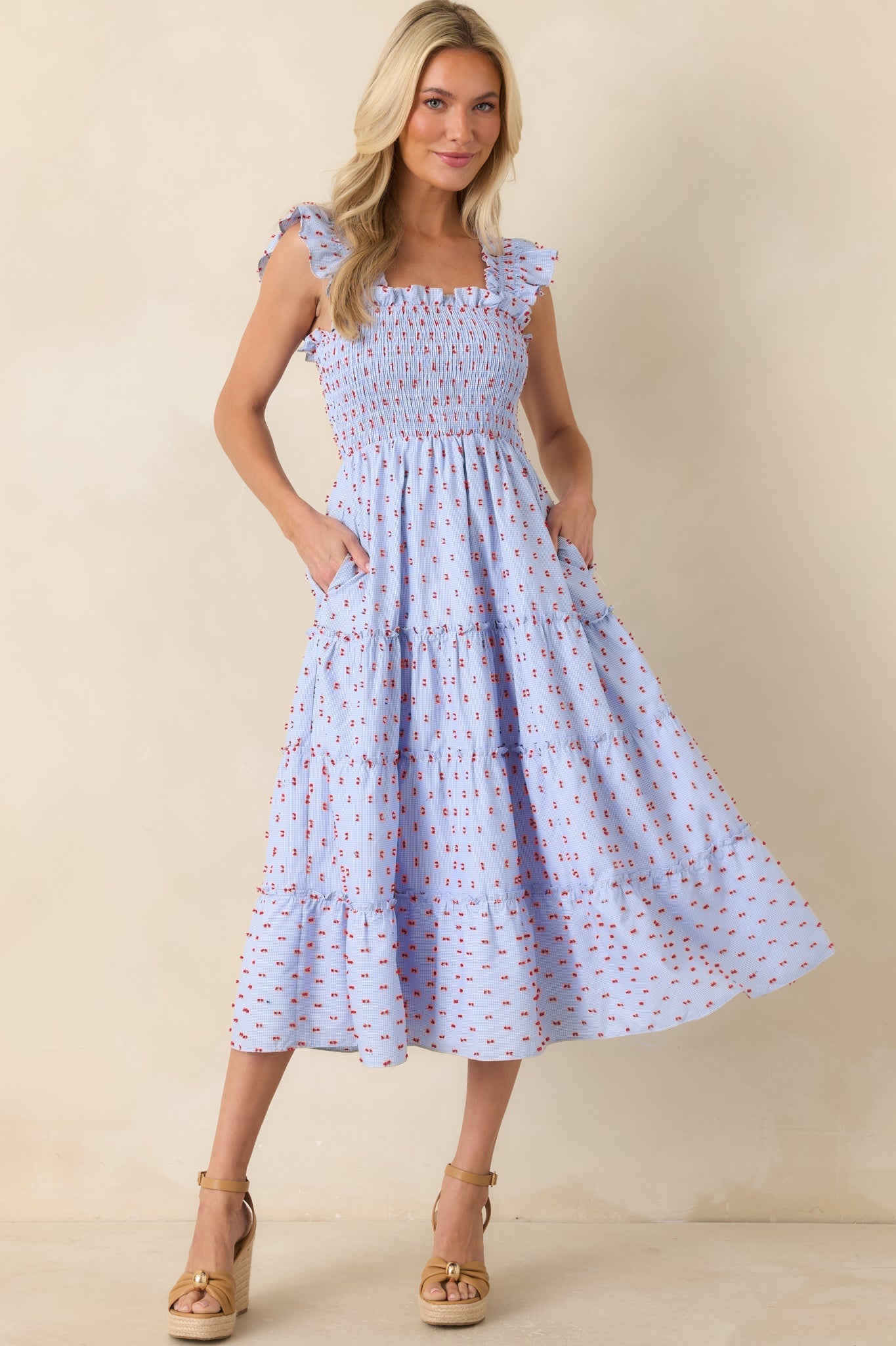 Blue Prosperina Gingham Embroidered Midi Dress