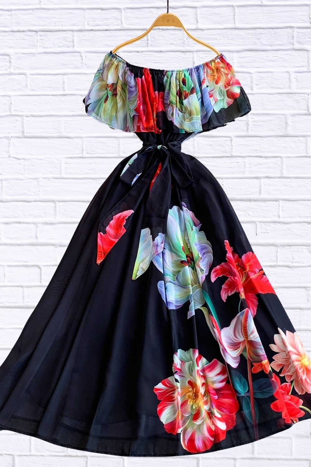 Black Violet Floral Off-Shoulder Dress