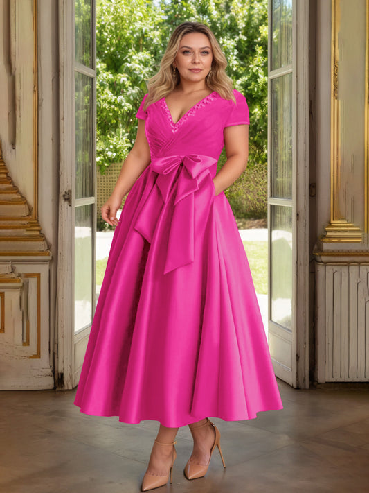 neck Cicinia Fuchsia Satin A-Line Dress