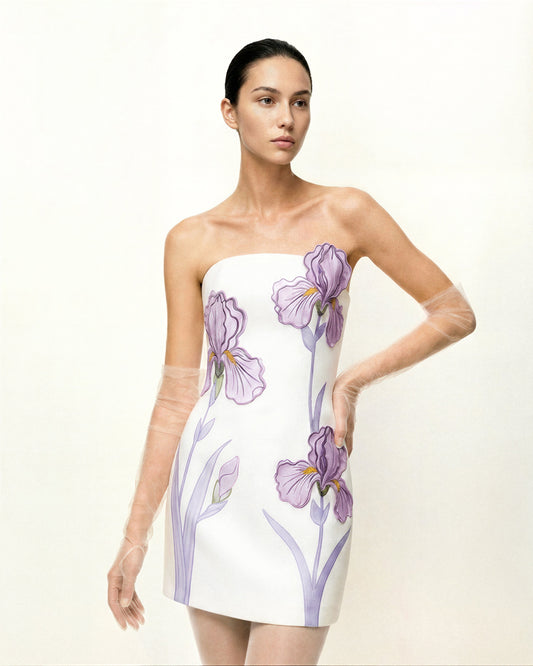 White Iris Floral Strapless Dress