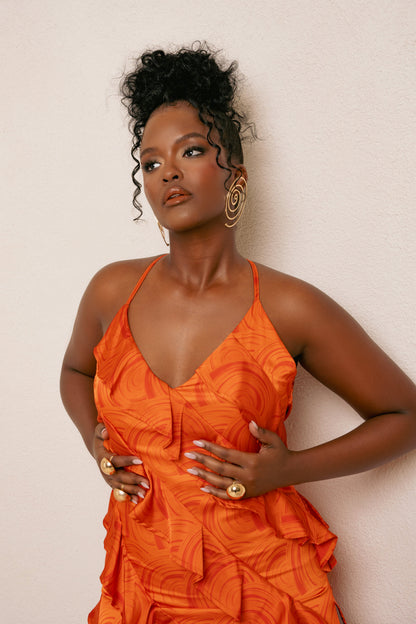 Iza Orange Ruffle Maxi Dress