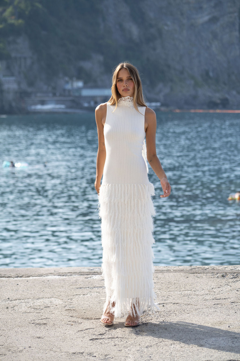 Ivory Phoebe Fringe Midi Dress in Granada