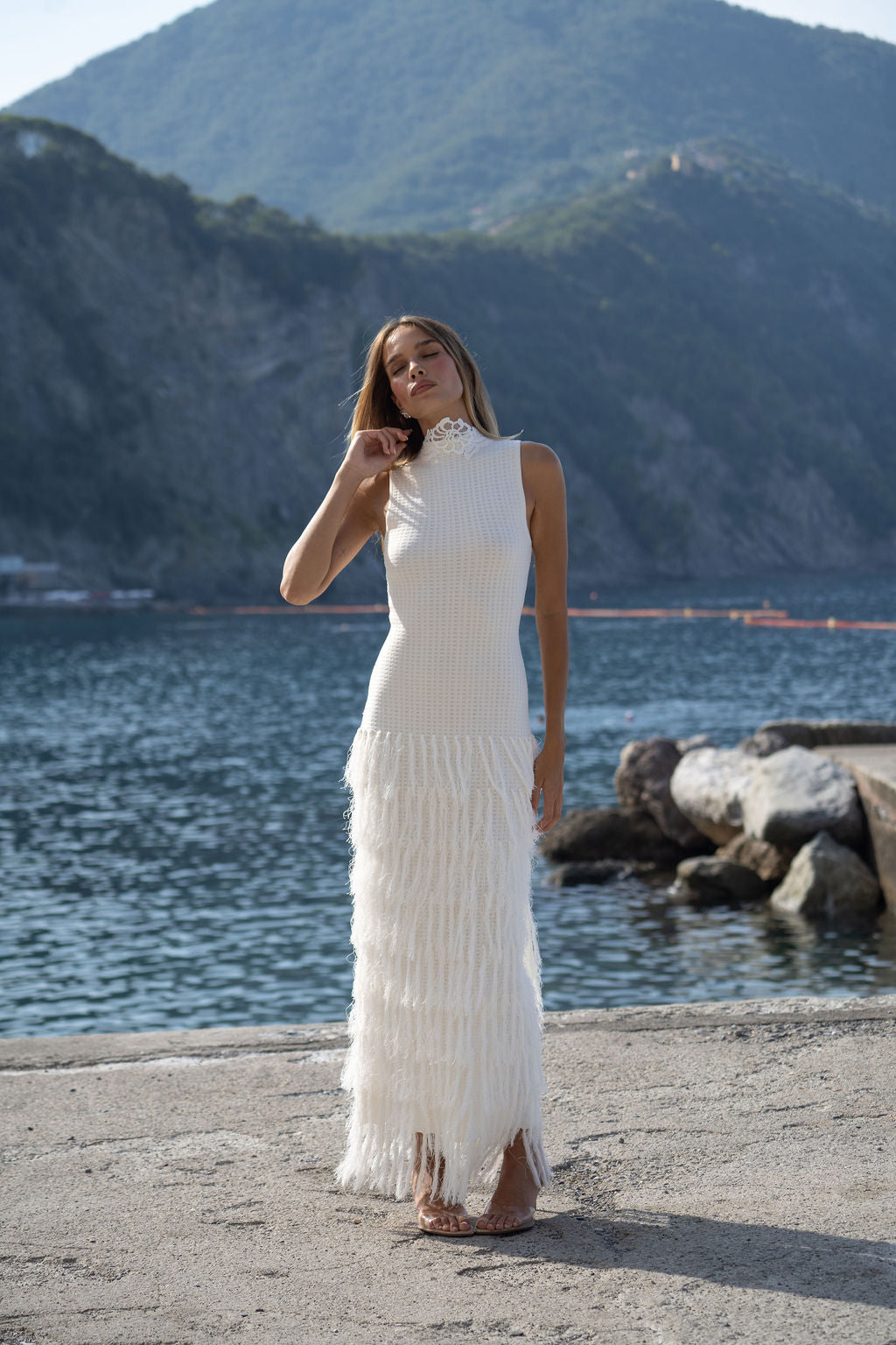 Ivory Phoebe Fringe Midi Dress in Granada
